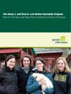 This image shows the cover of the internship program guide. Four interns stand together as one holds a chicken.