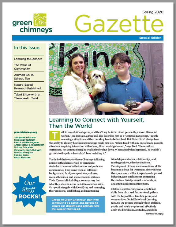 This images shows the cover of the Green Chimneys newsletter, The Gazette, featuring student, social worker, and dog.