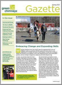 This image is a snapshot of the cover of the spring 2021 issue of The Gazette, a printed newsletter. The cover story features a photo of a student walking a donkey.