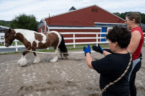 Two people are guiding a horse in an outdoor enclosed area.